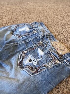 Miss Me Signature Skinny Blue Distressed Embroidered Jeans Y2K Size 29